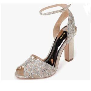 XYD Gold Peep Toe Rhinestone Sandals Chunky Heel Ankle Strap Slingback Mesh Shoe